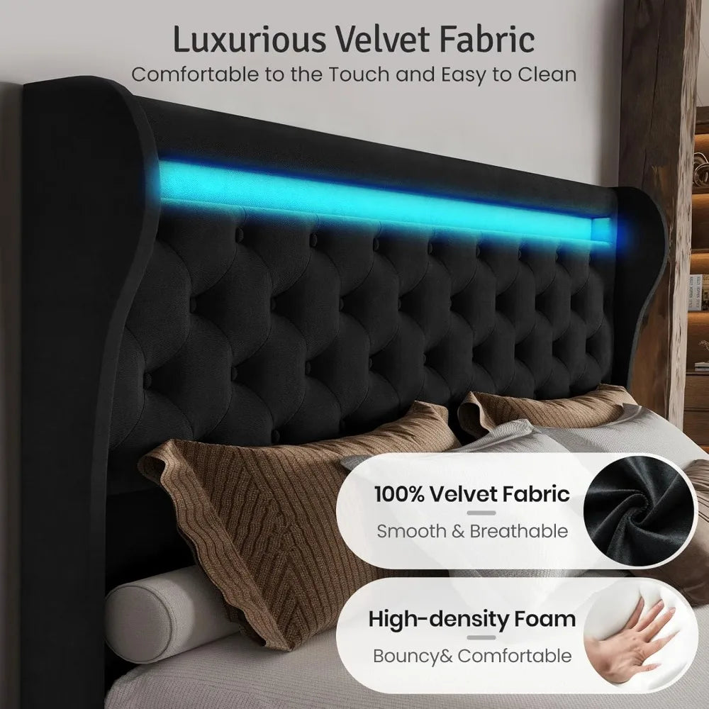 King Size Bed Frame with LED Lights & USB Ports, Upholstered Velvet Platform Bed, No Box Spring Needed, Noise Free, Black