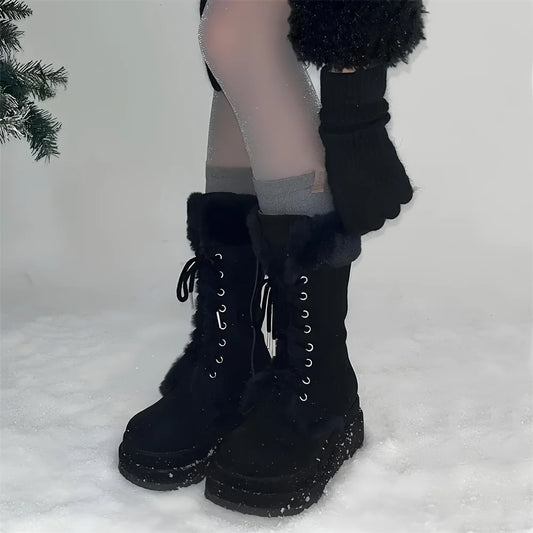 Winter Warm Faux Fur Mid Calf Snow Boots Fashion Platform Wedges High Heels Side Zipper Lace-up Boots for Women