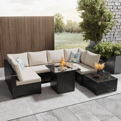 8 Piece Patio Furniture Set with Fire Pit Table, Outdoor Sectional Furniture, Wicker Patio Sofa, Conversation Set Perfect for Ba