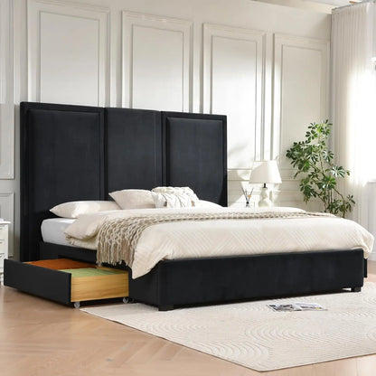 King Size Bed Frame with 64-inch High Headboard, Simple and Airy Linen Upholstered Platform Bed with Storage, Customized