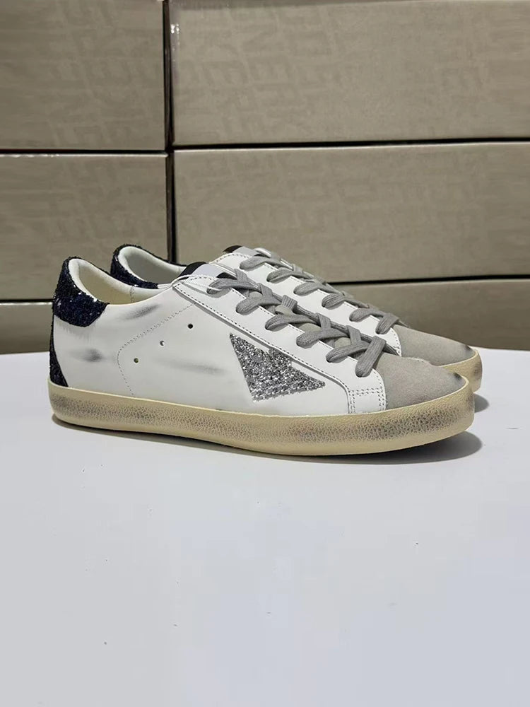 Spring Summer Fashion Casual Low-top Shiny Shoelaces Shoes Women's Round Toe Patchwork Diamond Heel Flat Bottom Sports Shoes