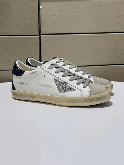 Spring Summer Fashion Casual Low-top Shiny Shoelaces Shoes Women's Round Toe Patchwork Diamond Heel Flat Bottom Sports Shoes