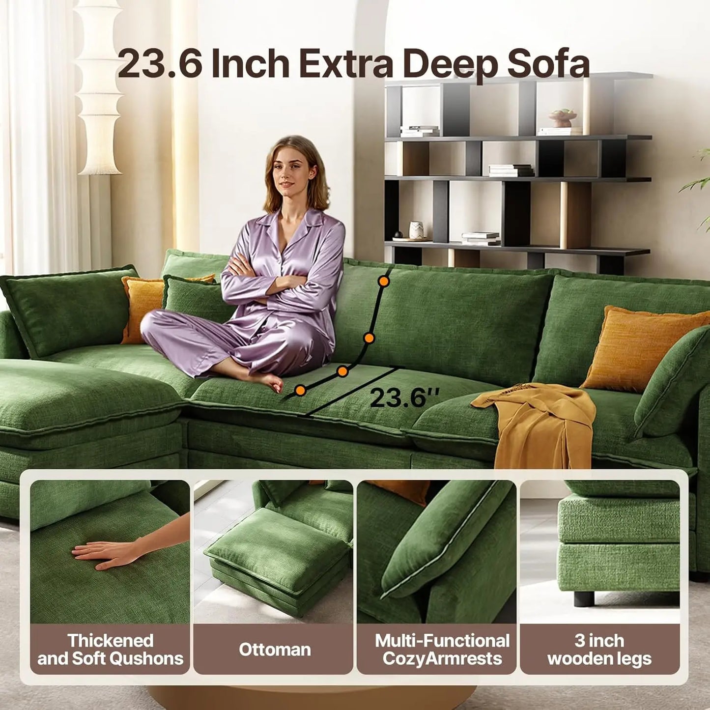 102'' Modular Sectional Sofa - Green Cloud Couch with Movable Ottoman L-Shaped Living Room Furniture Modern Customized Design