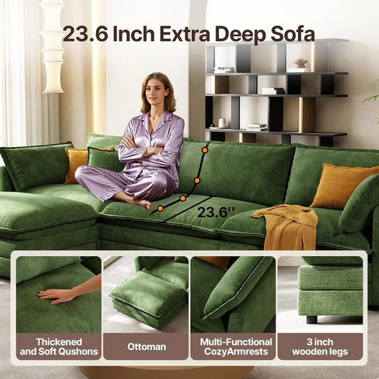102'' Modular Sectional Sofa - Green Cloud Couch with Movable Ottoman L-Shaped Living Room Furniture Modern Customized Design