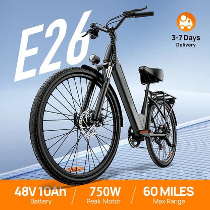 750W E-Bike Commuter 26x2" Tires 48V 10.4Ah Removable LCD Display 20MPH Speed 7-Speeds Hydraulic Disc Brakes for Adults
