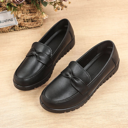 Women's Bow Detail Leather Flat Shoes - Slip On Casual Loafers with Non-Slip Sole