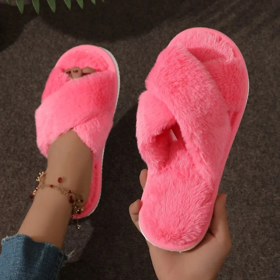 Women’s Cross Band Fur Slippers Indoor Furry Fuzzy Open Toe Shoes Home Cozy Warm Slides Double Straps Slipper Soft Sole Non Slip