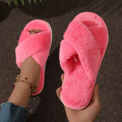 Women’s Cross Band Fur Slippers Indoor Furry Fuzzy Open Toe Shoes Home Cozy Warm Slides Double Straps Slipper Soft Sole Non Slip