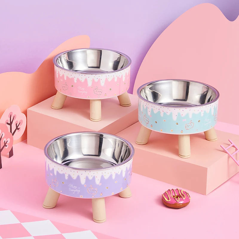 An ice cream pet bowl Colorful feeding and water cat bowl Fashion cartoon design dog bowl Pet high-legged neck bowl