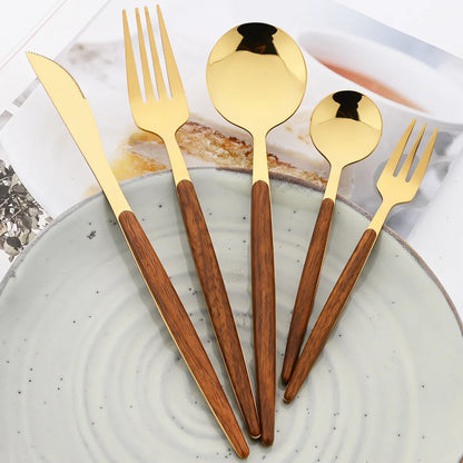 16/24/36Pcs Dinnerware Set Stainless Steel Imitation Wooden Handle Clamp Western Knife Fork Spoon Cutlery Tableware Silverware
