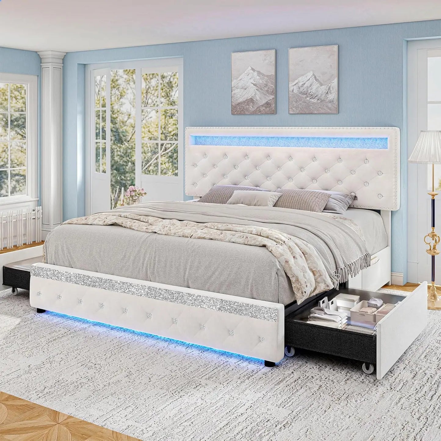 Queen LED Bed Frame With 2 Drawers, PU Upholstered Platform Beds With Adjustable Storage Headboard, Crystal Button