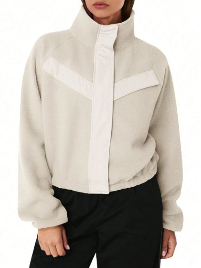 Women's Coquette Aesthetic Sherpa Cropped Jacket, Fuzzy Fleece Zip-Up with Stand Collar & Pockets, Fall Winter Coats