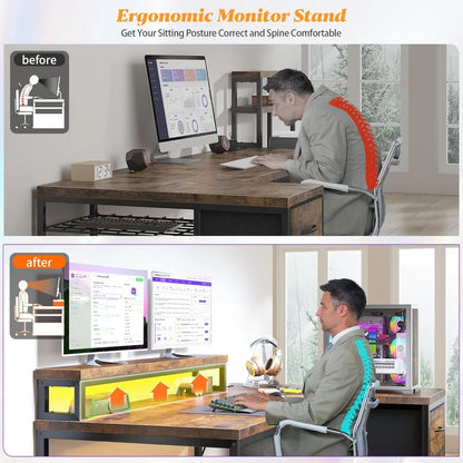 L Shaped Gaming Desk with LED Lights & Power Outlet, 48Inch Corner Computer Desk with Drawers Reversible Home Office Desks with