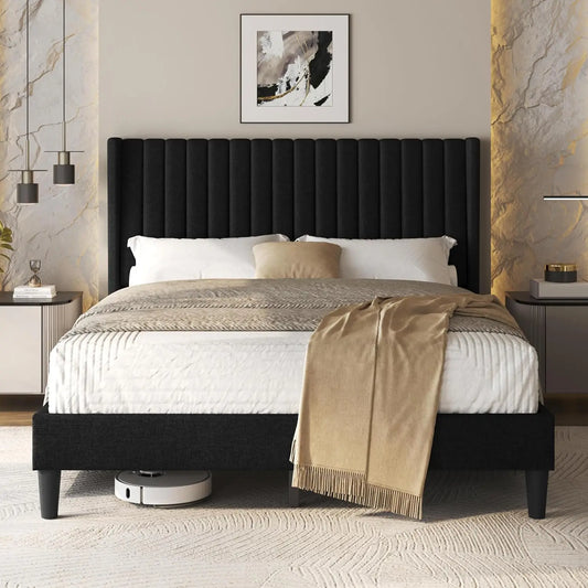 Queen Bed Frame Upholstered Platform Bed with Fabric Headboard, Wing Edge Design/Non-Slip and Noise-Free/Wooden, Customized