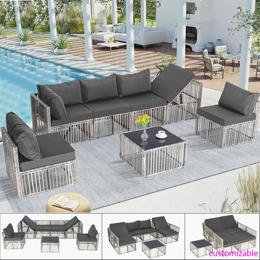 7 Pieces Outdoor Patio Furniture Set, Wicker Outdoor Sectional Conversation Couch Set with Adjustable Backrest Sofa