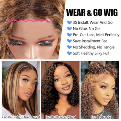 4/27 Ombre Highlight Lace Front Wig Human Hair Pre Plucked 250% Density Honey Blonde Wear and Go Glueless Wig 5X5 Glueless Wig