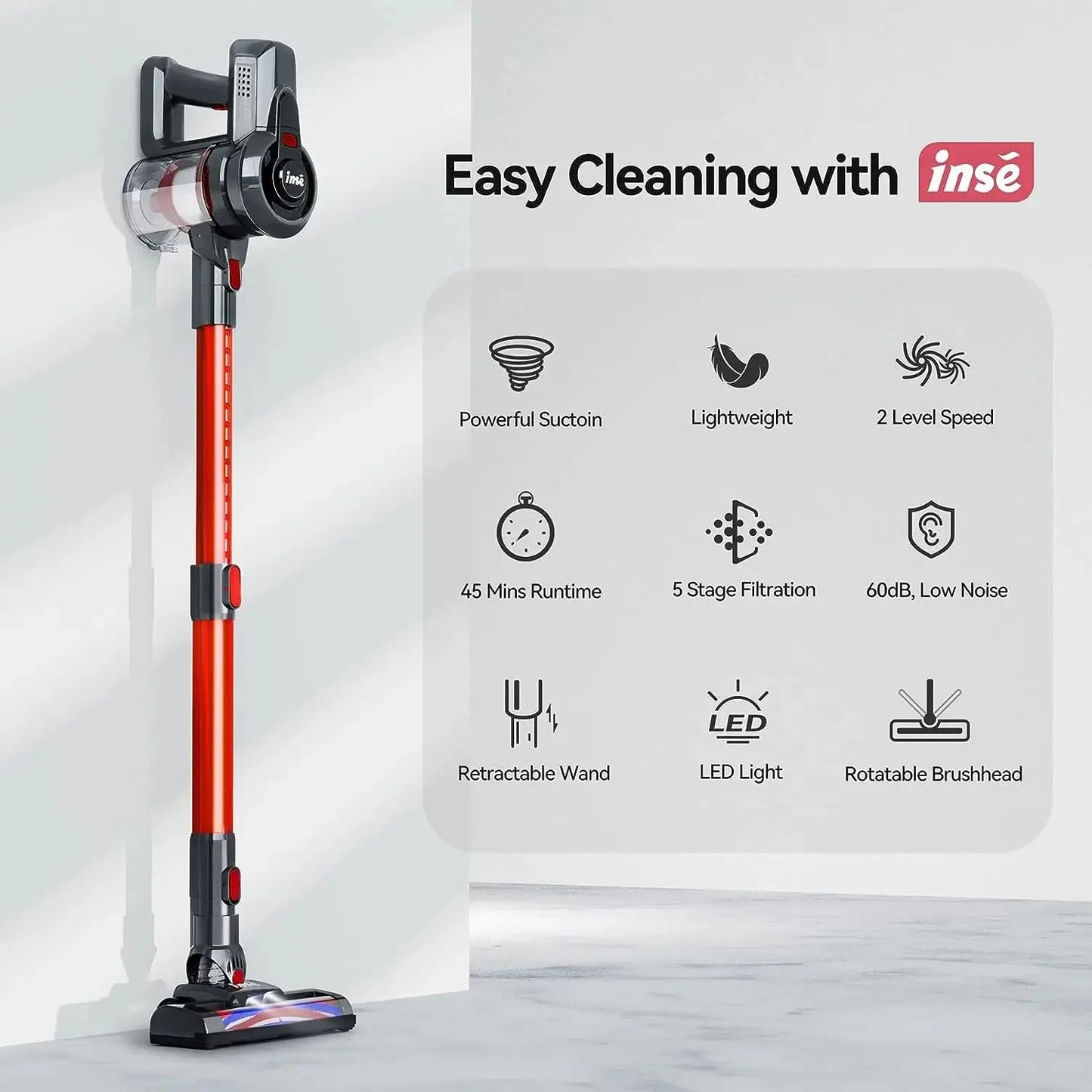 INSE N650 Cordless Vacuum Cleaner 4-in-1 Stick Vacuum Cleaner 160W Rechargeable Battery Up to 45mins Runtime for Household Clean