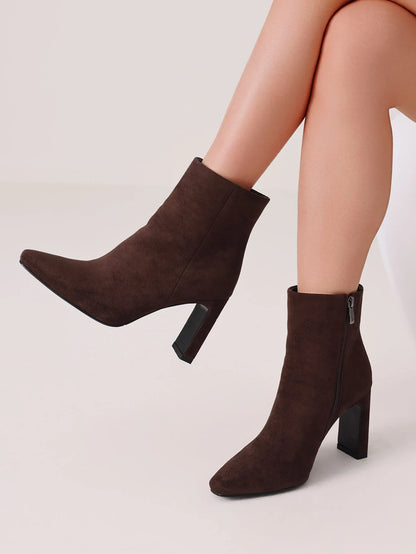 Women's Square Toe Ankle Boots Fashion Solid Block Chunky High Heels Side Zipper Party Dress Boots Woman