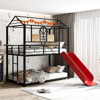 House Bunk Bed with Convertible Slide and Ladder, Floor Bunk Bed Twin Over Twin Bunk Bed with Roof and Security Guardrails