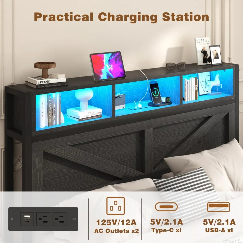 Farmhouse King Bed Frame with Bookcase Storage Headboard, Charging Station, LED Light and 2 Storage Drawers, Noise, Customized