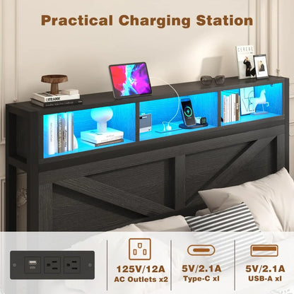 Farmhouse King Bed Frame with Bookcase Storage Headboard, Charging Station, LED Light and 2 Storage Drawers, Noise, Customized