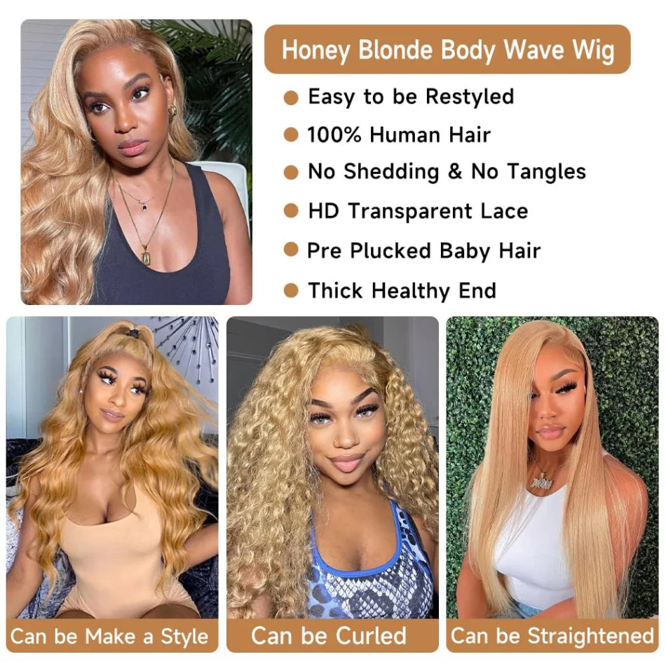 Honey Blonde Human Hair Wig Body Wave Lace Front Wig 13X6 Hd Lace Frontal Wig Colored Brazilian Hair 250 Density For Black Women