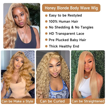 Honey Blonde Human Hair Wig Body Wave Lace Front Wig 13X6 Hd Lace Frontal Wig Colored Brazilian Hair 250 Density For Black Women