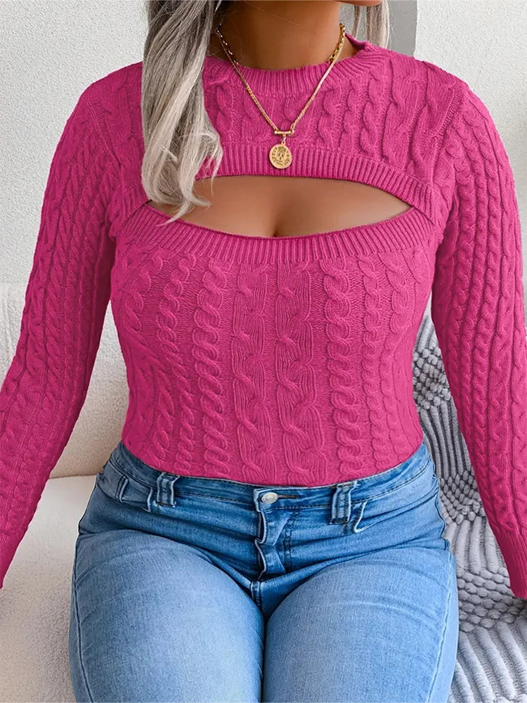 plus Size Solid Color Cutout Knit Sweater Long Sleeve Crewneck Pullover Slim Fit Jumper Sexy Fashion Tops for Women