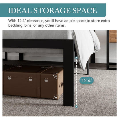 HOOMIC Metal Bed Frame, Upholstered Headboard with Square Stitched, Classic Button Tufted, Faux Leather, No Box Spring Needed