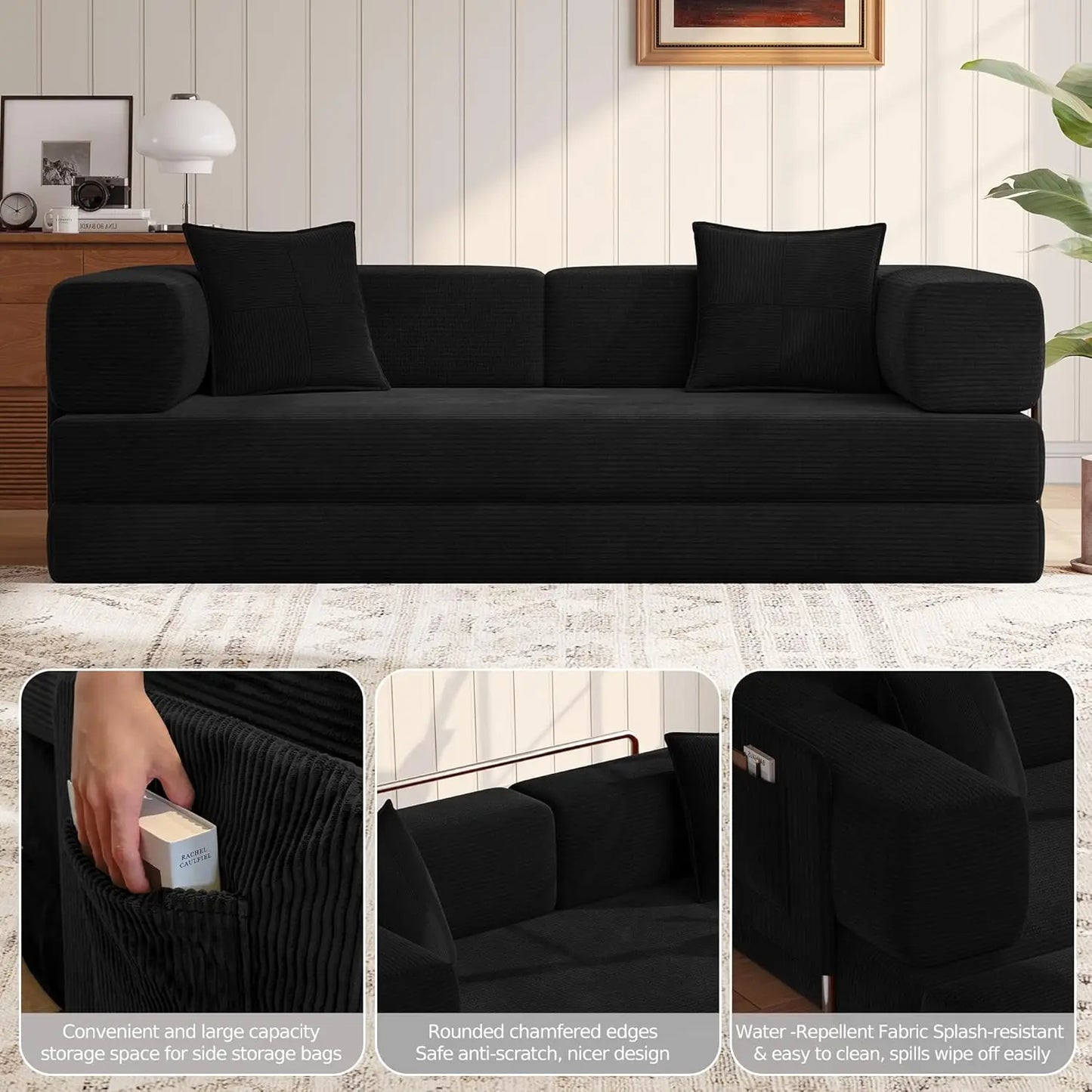 78.8''Sleeper Couch Bed for Livingroom，Convertible Modular Sofa with Armrest Pillow，Modular Fldable Corduroy, Customized