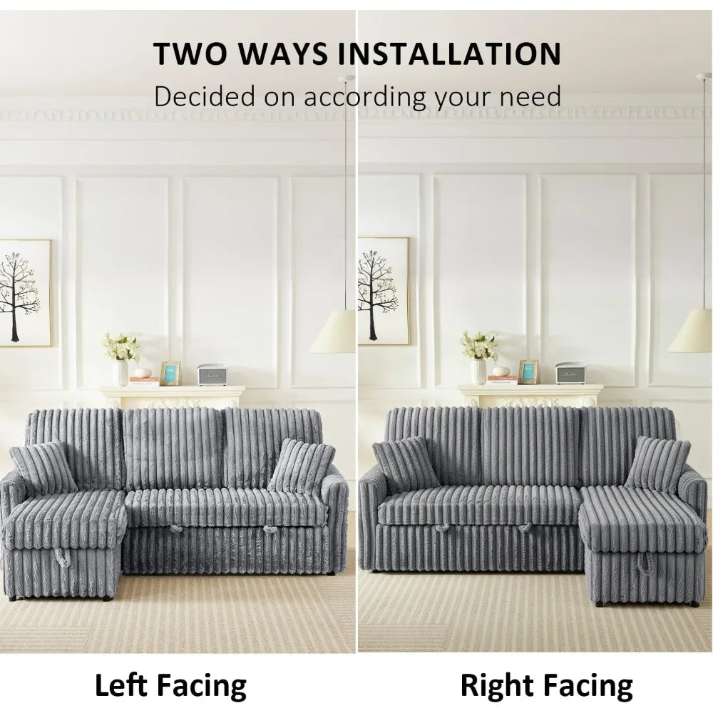 Sleeper Sofa Bed, 81” Pull Out Couch for Living Room with Reversible Storage Chaise, 3 in 1 L-Shaped Couch with Charging Station