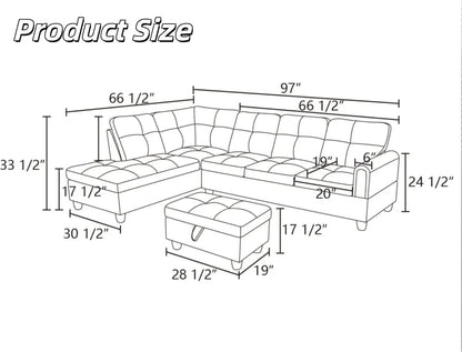 Blue L-Shaped Sectional Sofa with Movable Chaise & Storage Ottoman, Modular Convertible Couch for Living Room