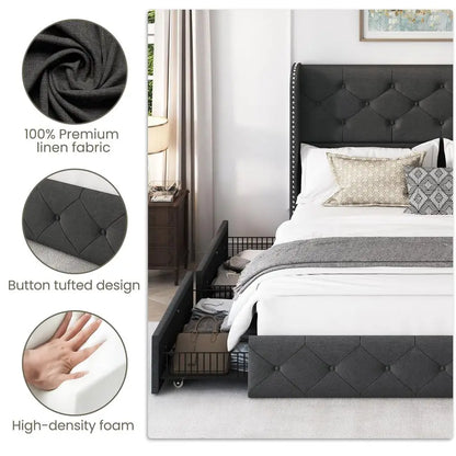 Full Size Bed Frame with 4 Storage Drawers and Wingback Headboard Linen Upholstered Platform Bed Frame Tufted Beds with Wooden S