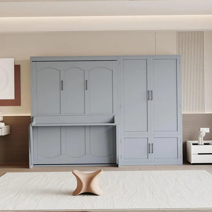 Gray Queen-Size Wall-Mounted Murphy Bed with Integrated Closet and Wardrobe Storage