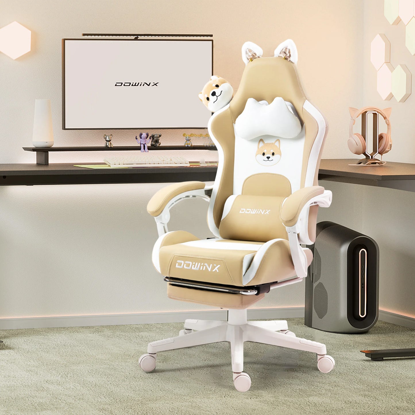 Dowinx Gaming Chair Cute with Cat Ears and Massage Lumbar Support, Ergonomic Computer Chair for Girl with Footrest and Headrest