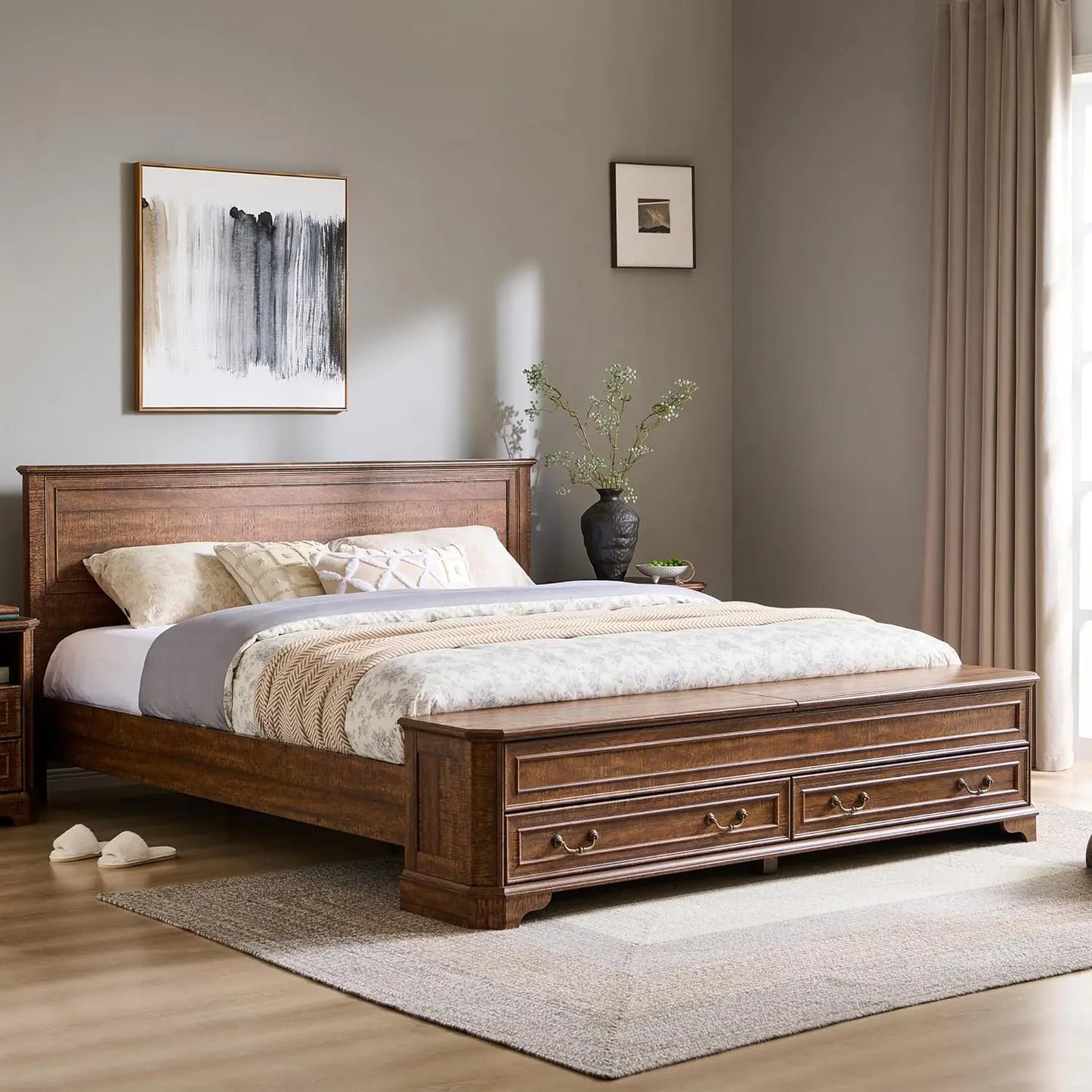 Farmhouse King Bed with Headboard and Storage Bench, Rustic Wood Platform Bed with 80" Storage Chest, Customized