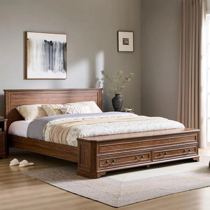 Farmhouse King Bed with Headboard and Storage Bench, Rustic Wood Platform Bed with 80" Storage Chest, Customized