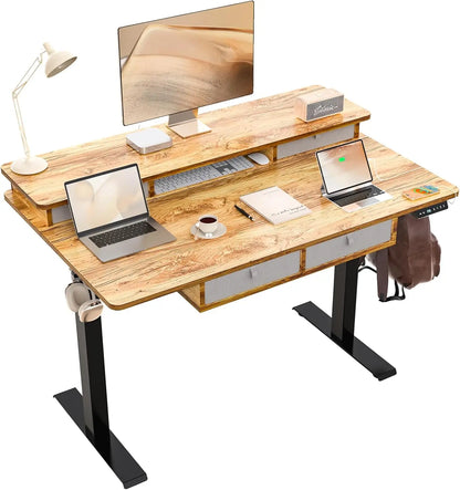 48 * 30 Inches Electric Standing Widened Desk Adjustable Height with 4 Drawers, Double Storage Shelves Stand Up Desk, Home Offic