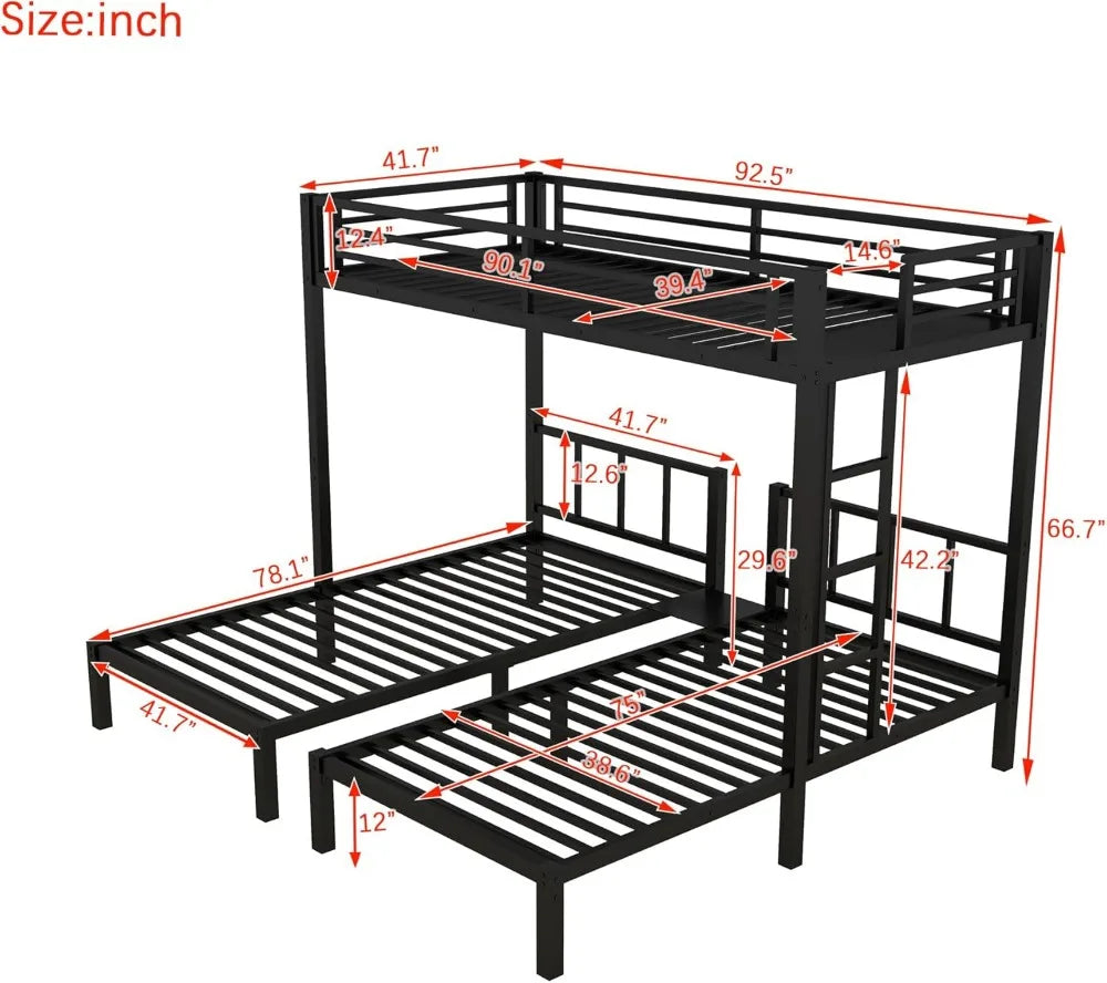 Twin Size Triple Bunk Bed for 3 Kids, Heavy Duty Metal Frame with Safety Fence, Space Saving Design, Black