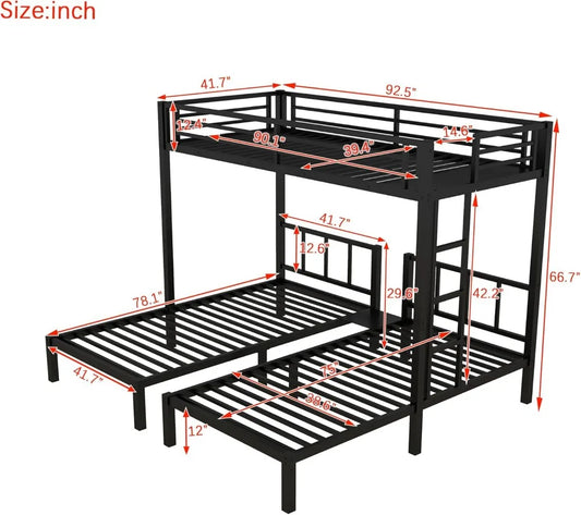 Twin Size Triple Bunk Bed for 3 Kids, Heavy Duty Metal Frame with Safety Fence, Space Saving Design, Black