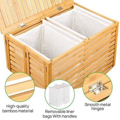 Bamboo Laundry Hamper with Lid – Foldable Clothes Basket with 2-Section Removable Liner Bag, Space-Saving Laundry Sorter for Ba