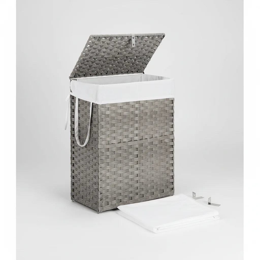 90L Foldable Woven Laundry Basket with Lid, Gray Rattan Hamper with Washable Liner, Steel Frame & Odor Control