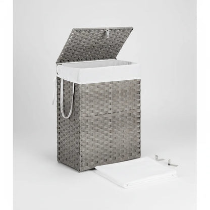90L Foldable Woven Laundry Basket with Lid, Gray Rattan Hamper with Washable Liner, Steel Frame & Odor Control