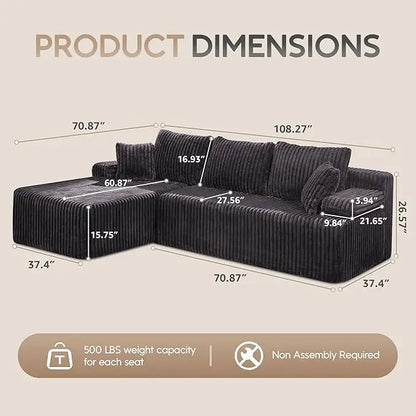 Modular Sectional Sofa Couches 108" L-Shape Couch 3 Seat Modular Sofa Memory Foam Sectional Couches for Living Room