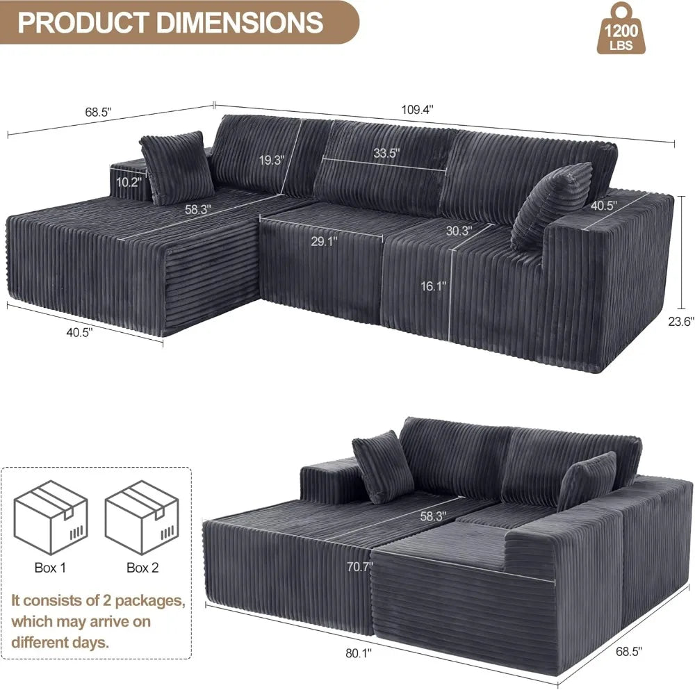 Cloud Couch Sectional Sofa, No Assembly, Removable Washable Covers, Grey - Ultimate Comfort for Living Room