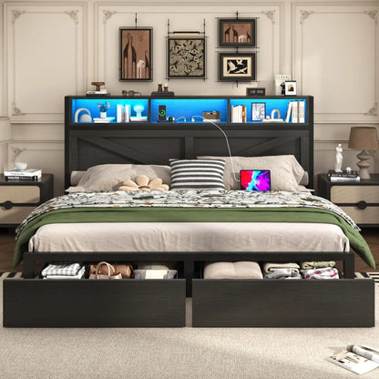 Farmhouse King Bed Frame with Bookcase Storage Headboard, Charging Station, LED Light and 2 Storage Drawers, Noise, Customized