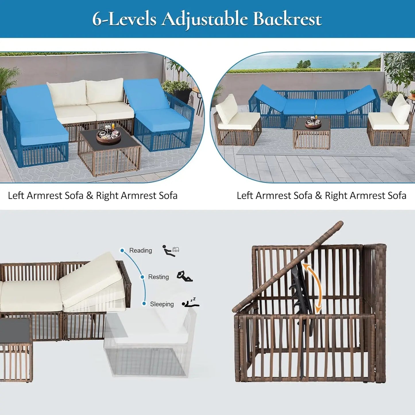 7 Pieces Outdoor Patio Furniture Set, Wicker Outdoor Sectional Conversation Couch Set with Adjustable Backrest Sofa