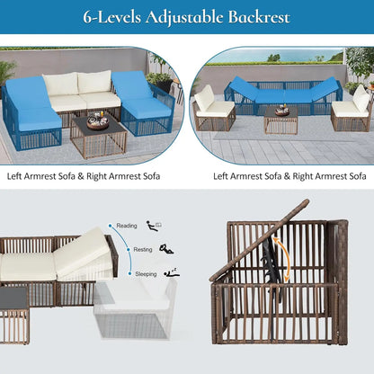 7 Pieces Outdoor Patio Furniture Set, Wicker Outdoor Sectional Conversation Couch Set with Adjustable Backrest Sofa