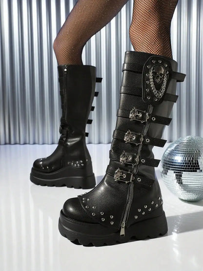 Women's Gothic Buckle Skull Knee High Boots Platform Y2k Punk Wedges High Heels Thick Sole Chain Rivet Decor Halloween Shoes