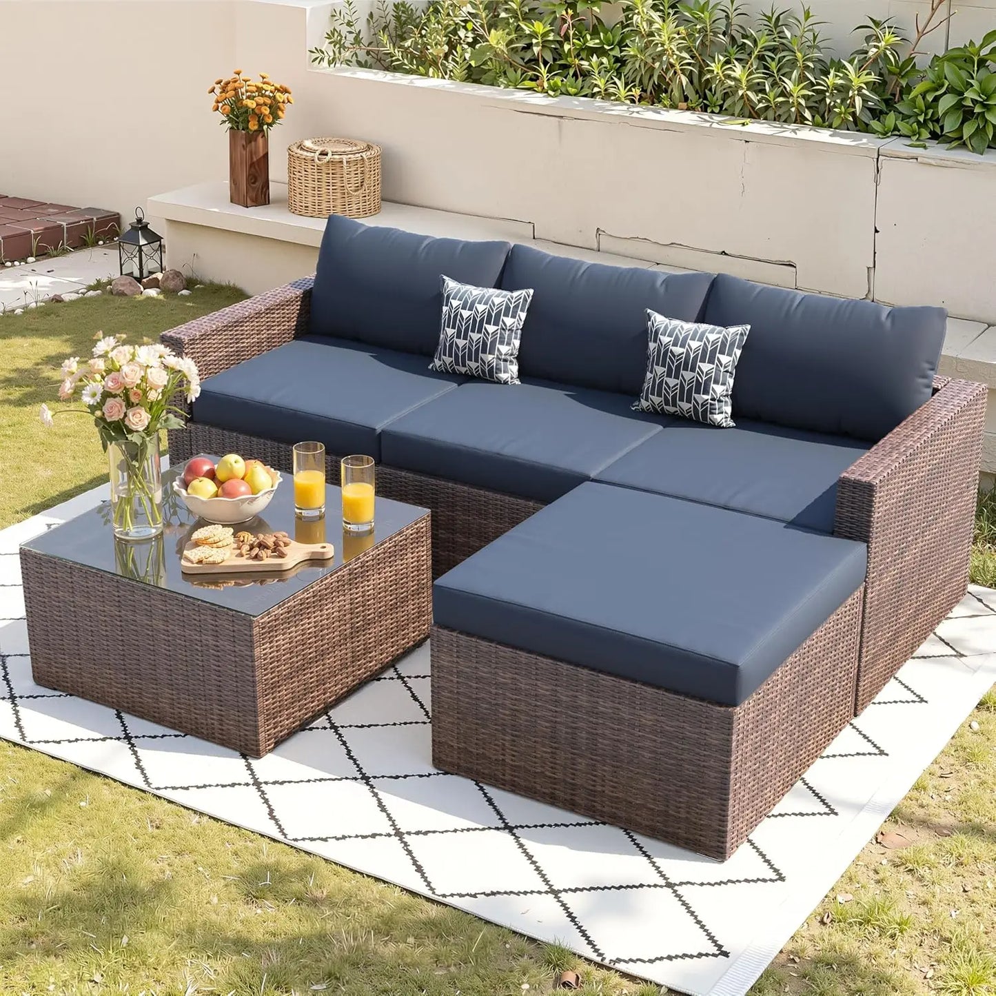 5 Piece Patio Furniture Set, All-Weather Wicker Outdoor Sectional Sofa, L Shaped Outdoor Conversation Couch with, Customized
